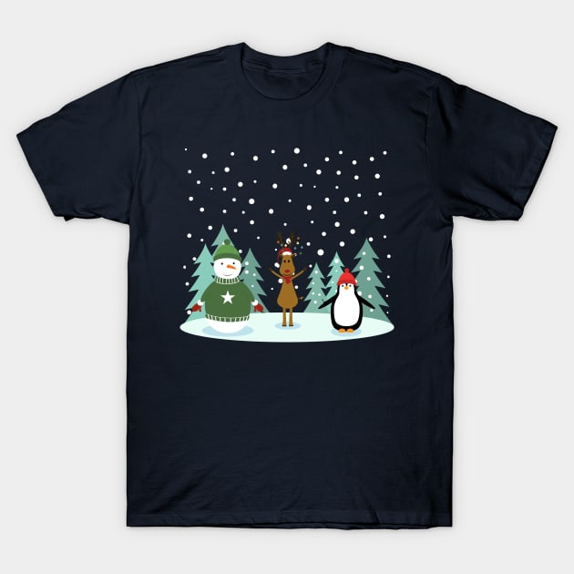 Christmas with snowman, reinder and penguin T-Shirt by grafart